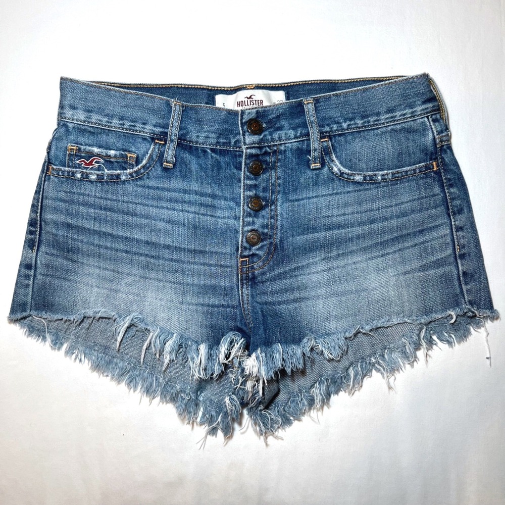 Hollister Button Fly Cut Off Denim Booty Shorts High Rise Medium Wash Size 27"